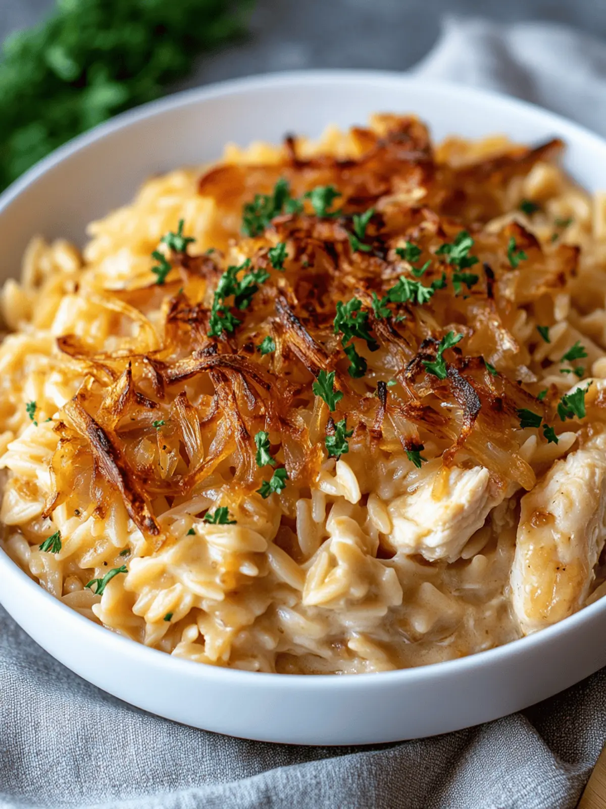 French Onion Chicken Orzo Casserole