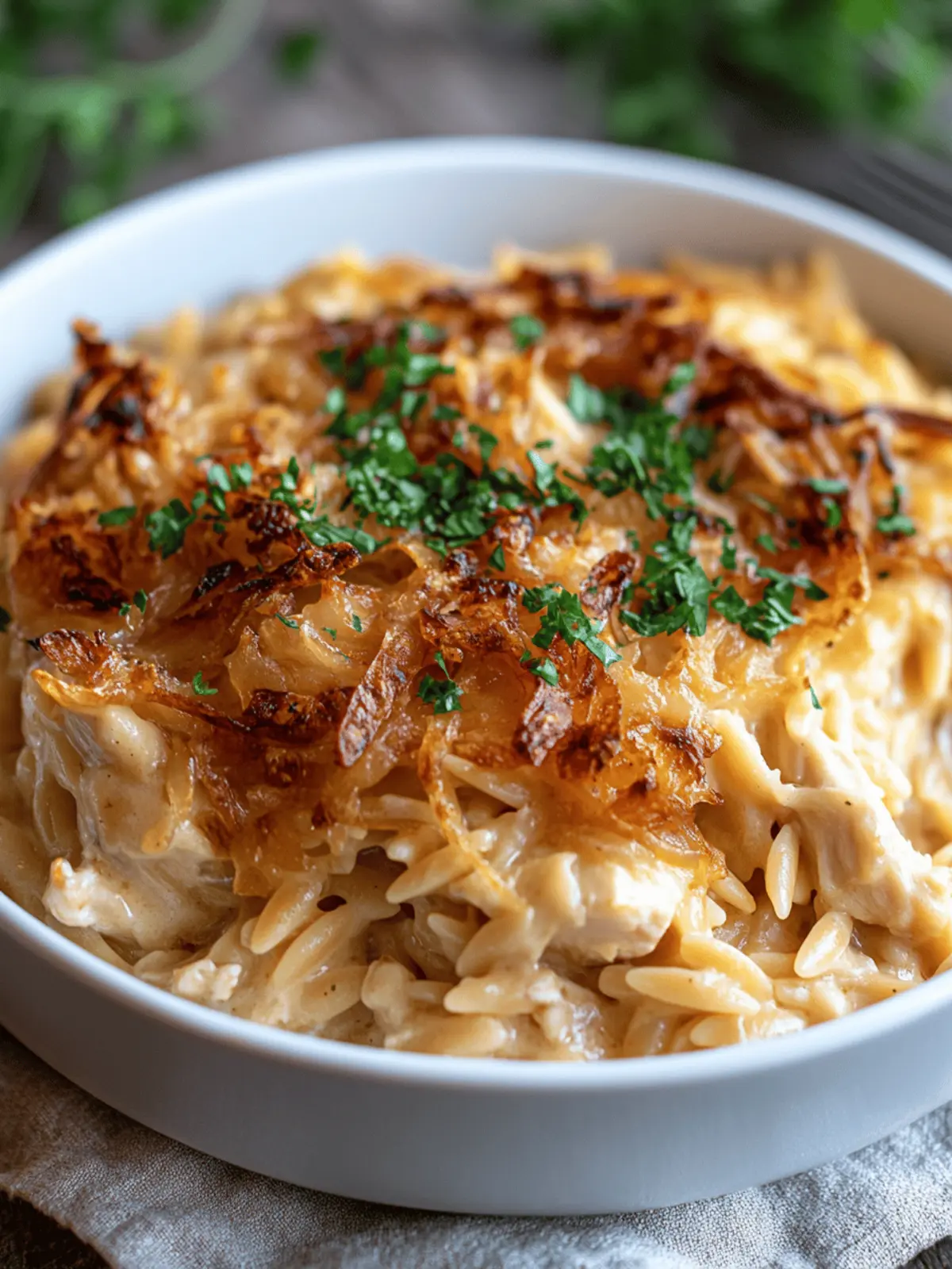 French Onion Chicken Orzo Casserole