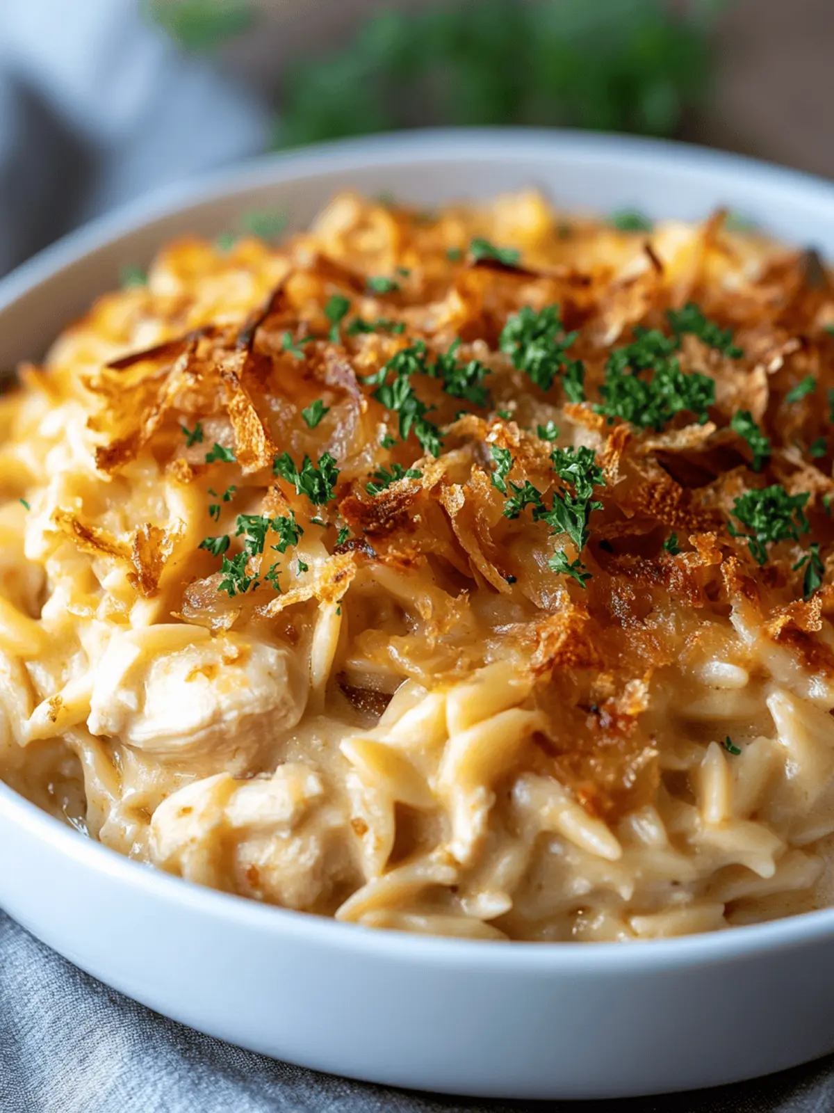 French Onion Chicken Orzo Casserole