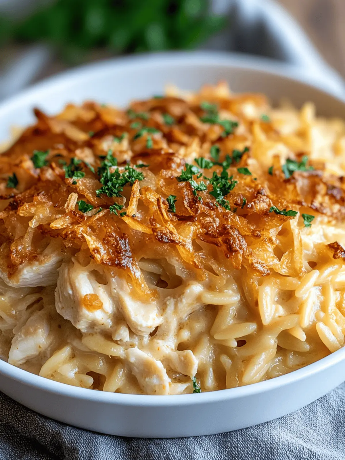 French Onion Chicken Orzo Casserole