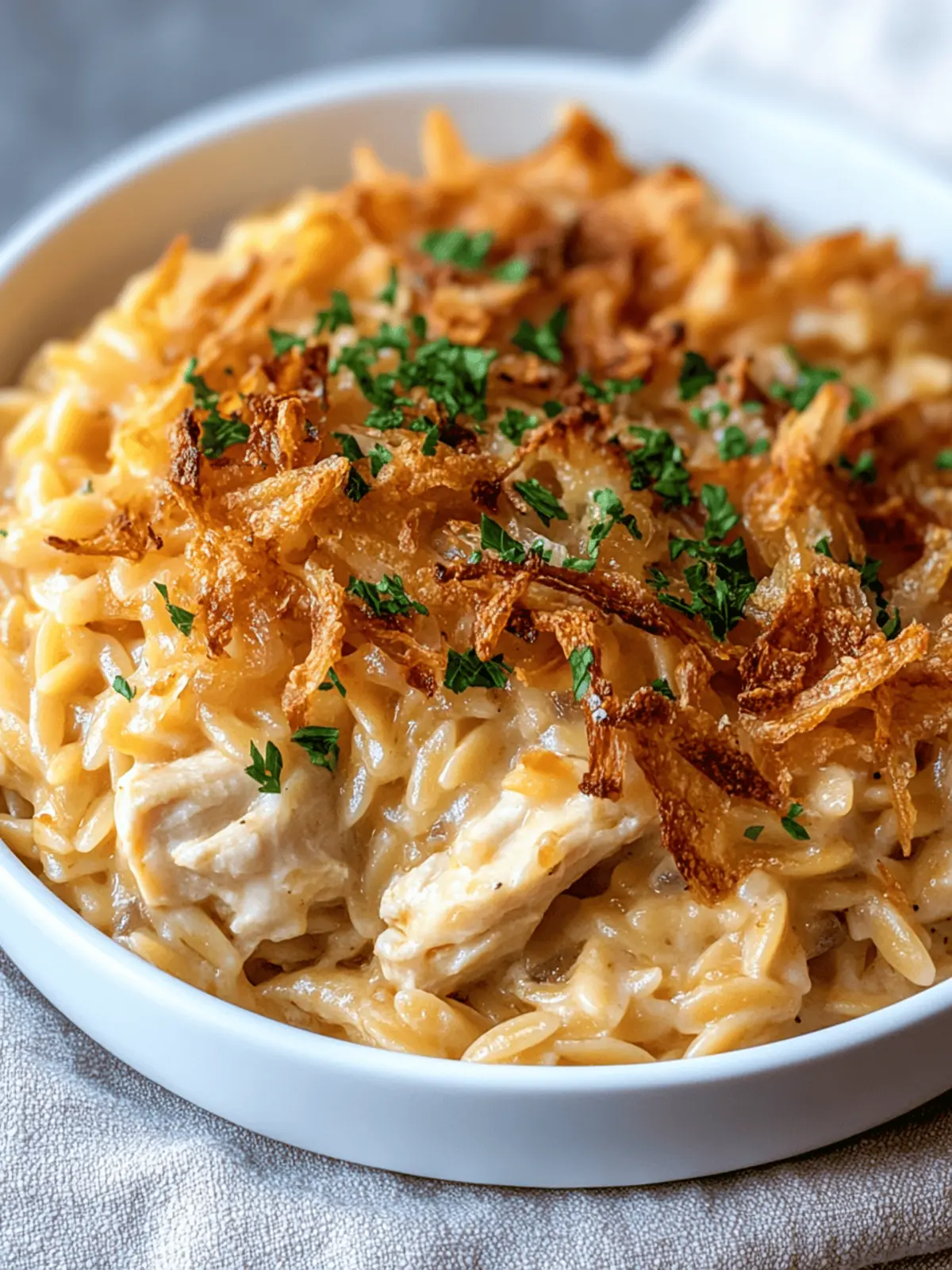 French Onion Chicken Orzo Casserole