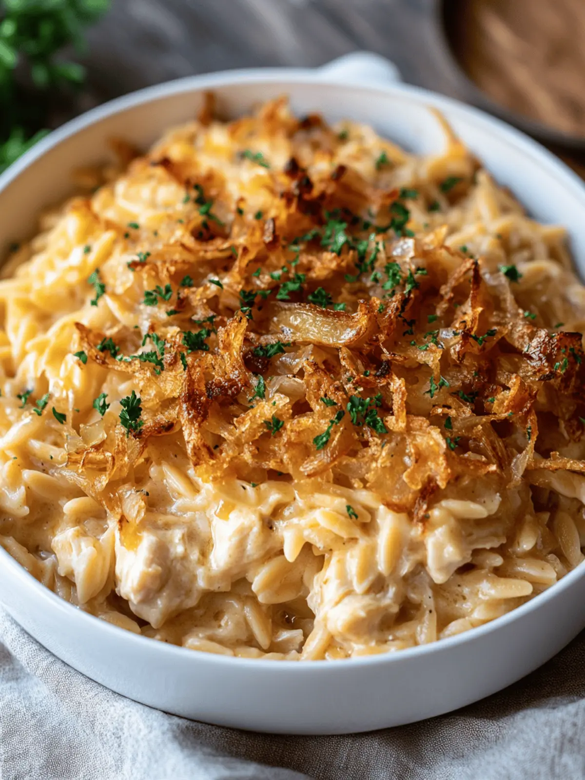 French Onion Chicken Orzo Casserole