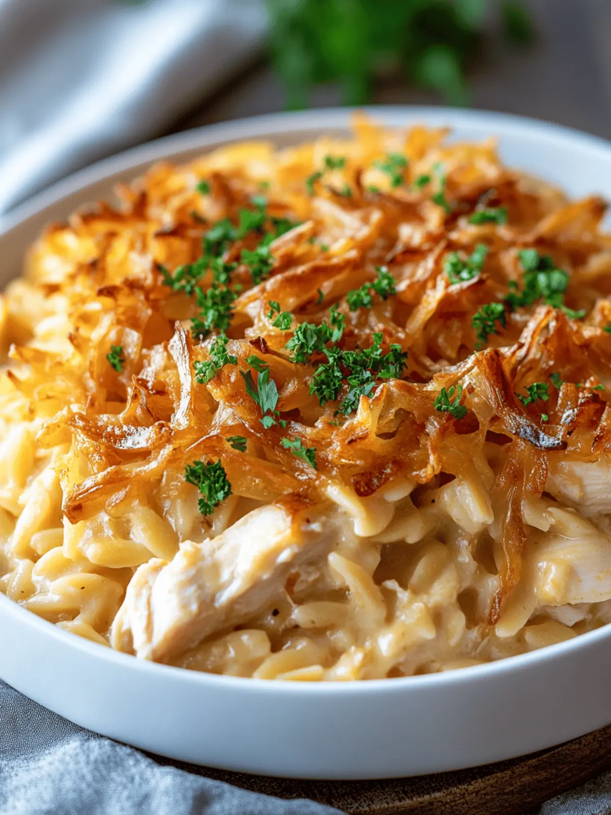 French Onion Chicken Orzo Casserole