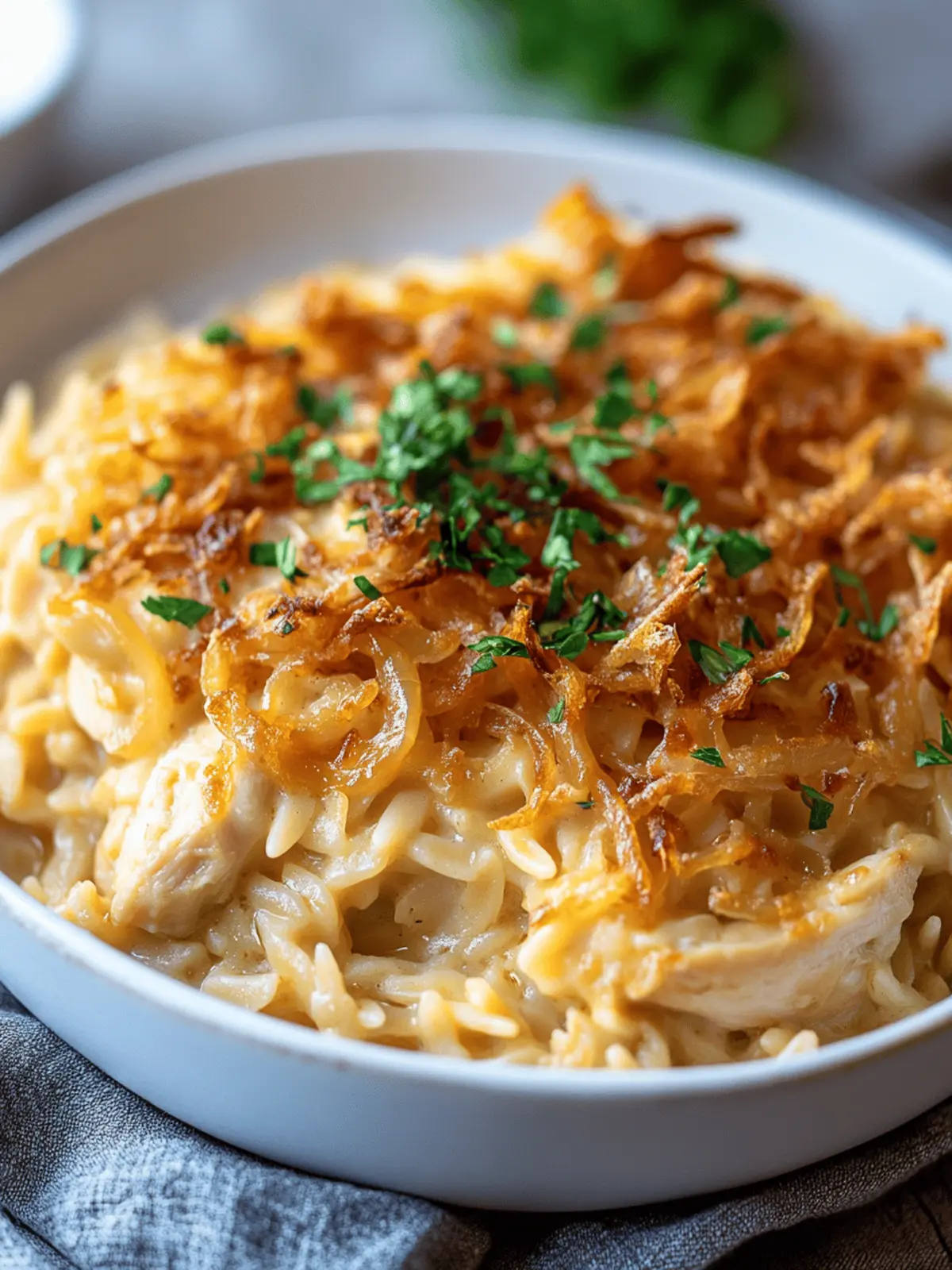 French Onion Chicken Orzo Casserole