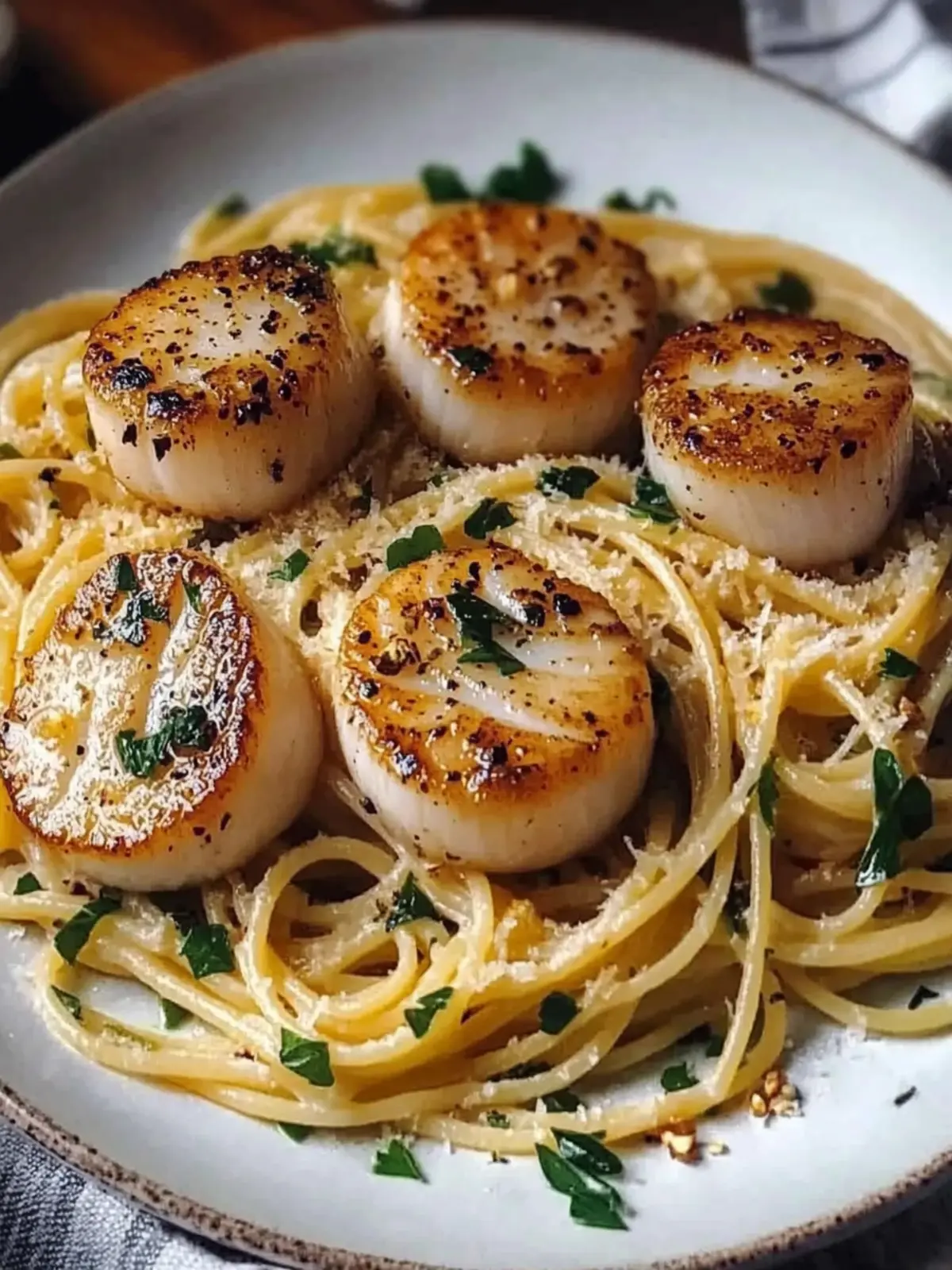 Seared Scallops over Garlic Pasta