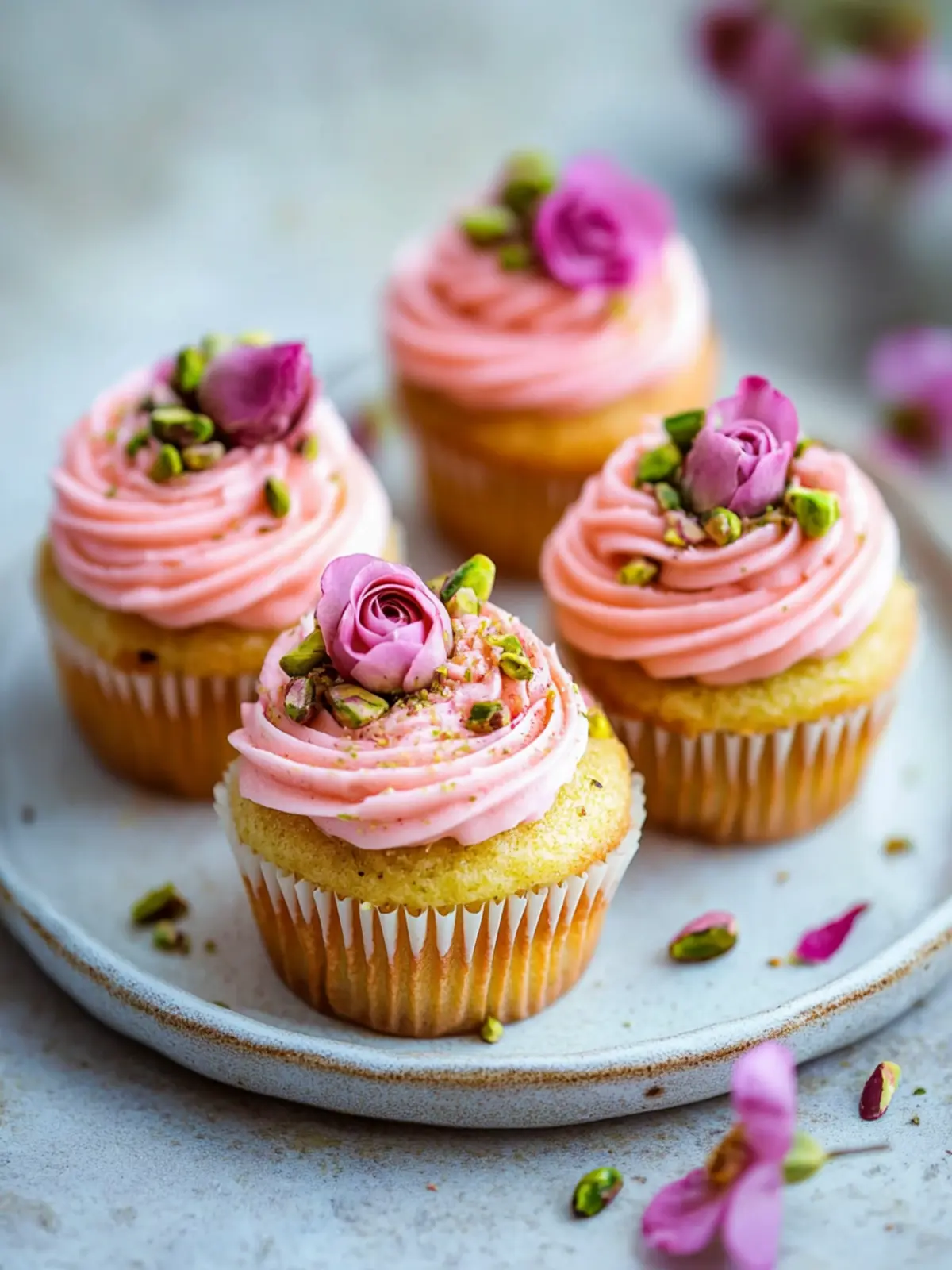 Vegan Mini Rose Pistachio Cupcakes