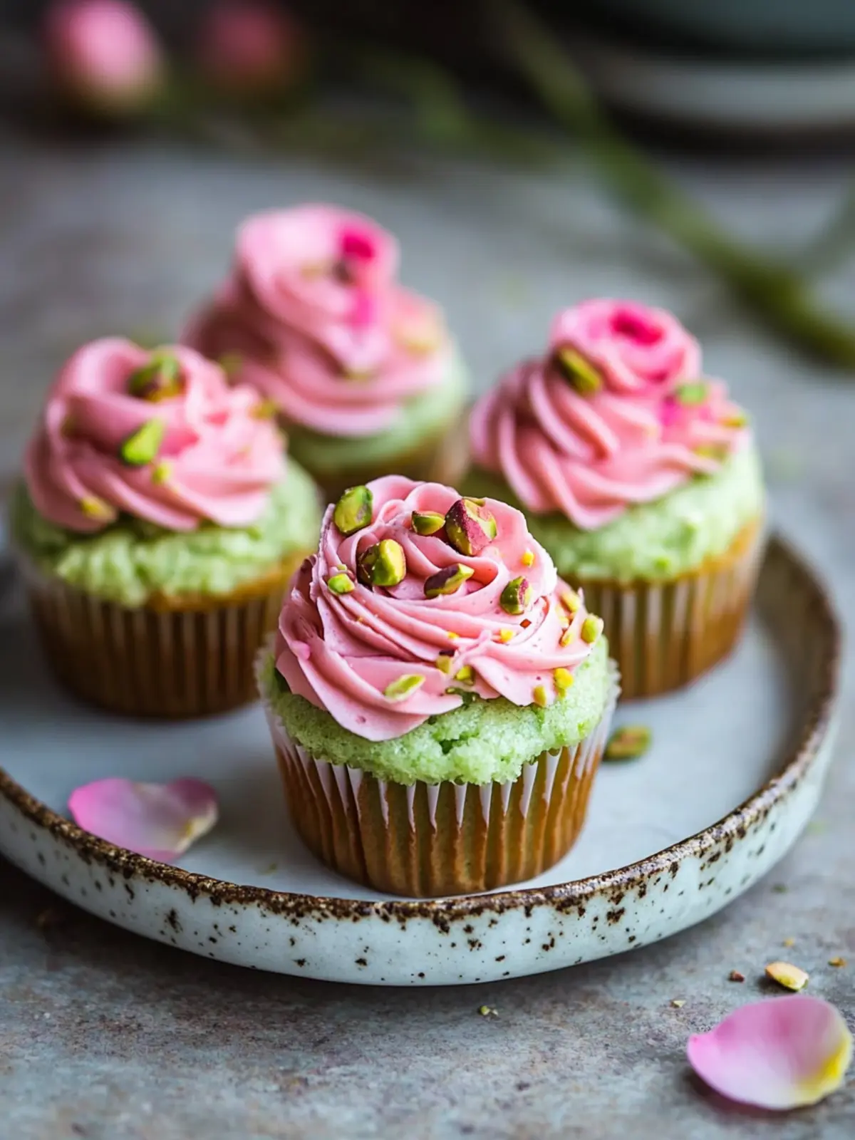 Vegan Mini Rose Pistachio Cupcakes