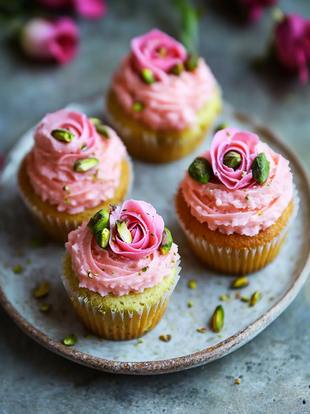 Vegan Mini Rose Pistachio Cupcakes