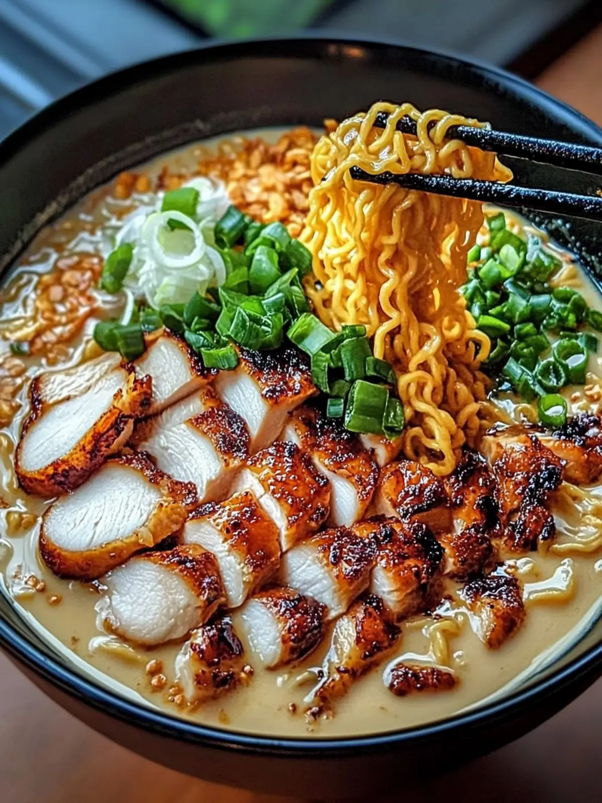 Fiery Chicken Ramen with Creamy Garlic Sauce