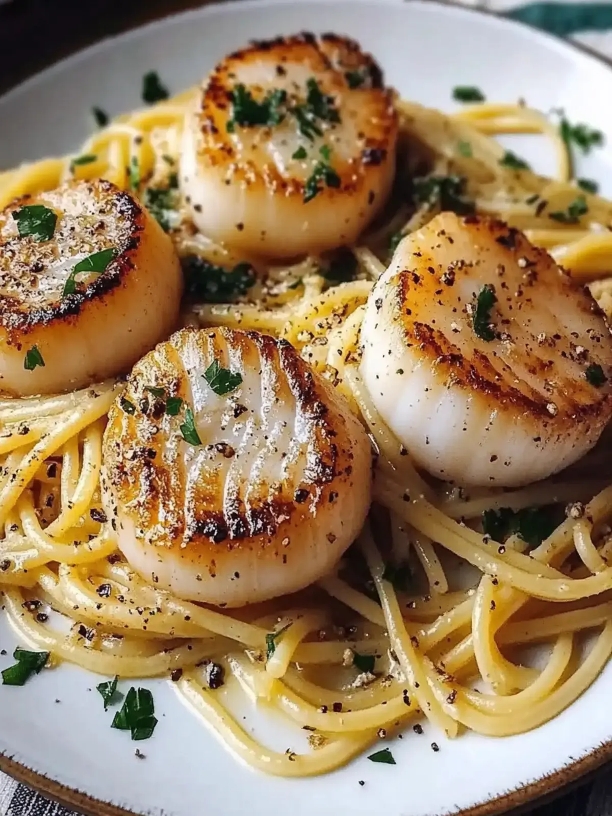 Seared Scallops over Garlic Pasta
