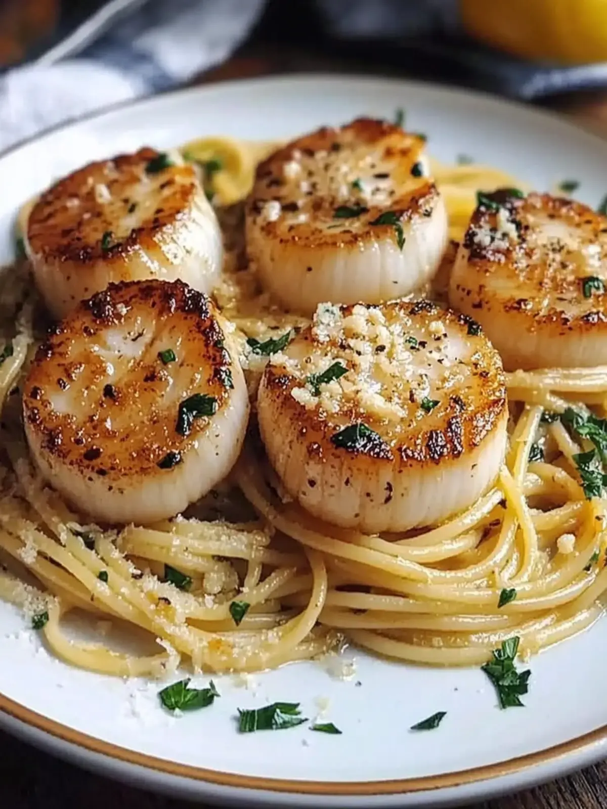 Seared Scallops over Garlic Pasta