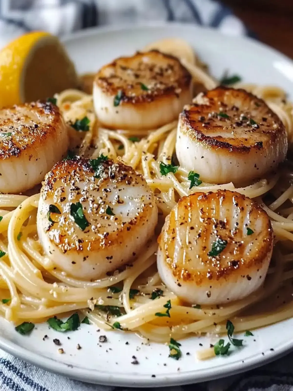 Seared Scallops over Garlic Pasta
