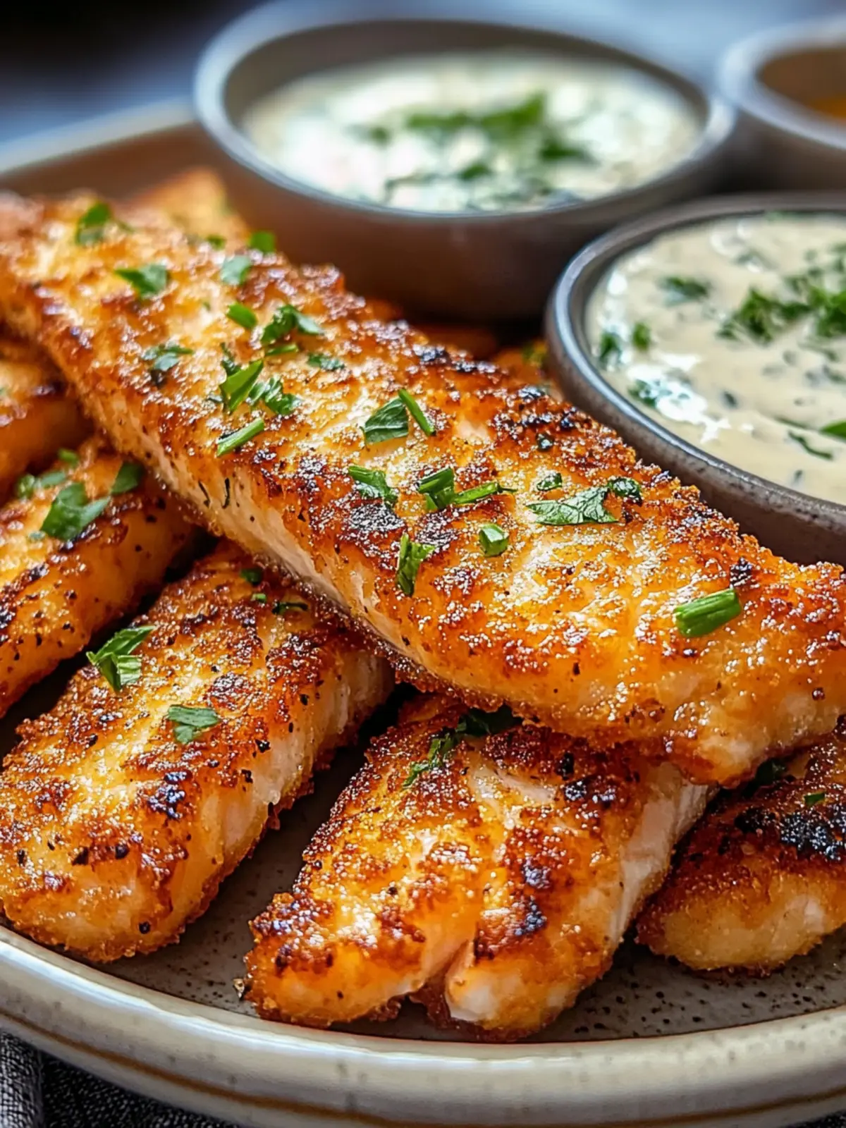Crispy Salmon Strips with Herb Tartar Dip
