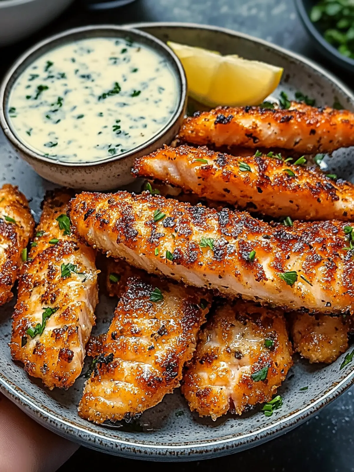 Crispy Salmon Strips with Herb Tartar Dip