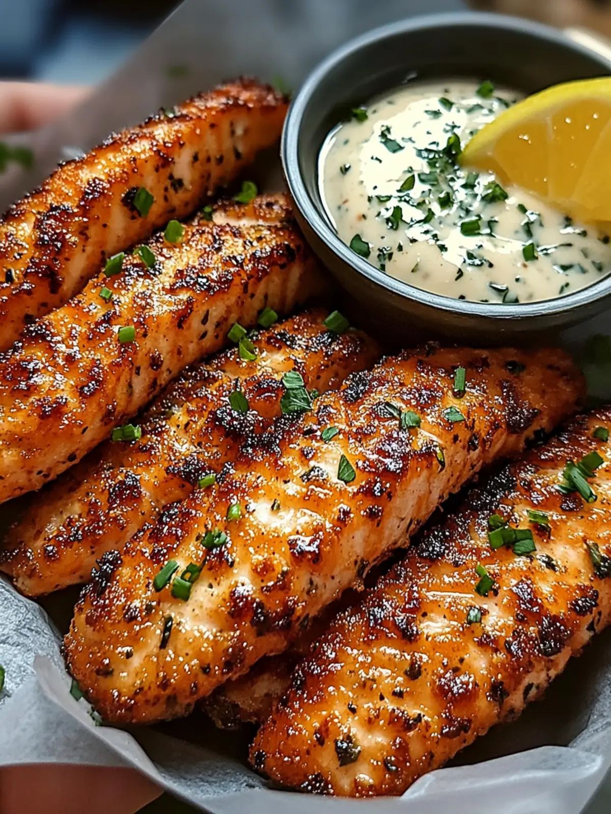 Crispy Salmon Strips with Herb Tartar Dip