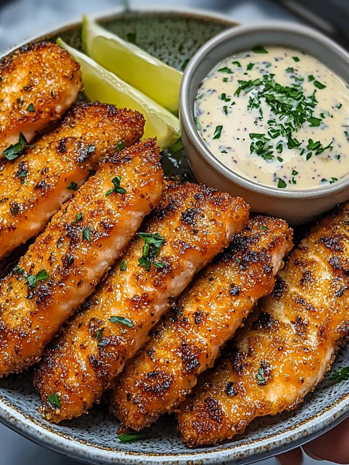 Crispy Salmon Strips with Herb Tartar Dip