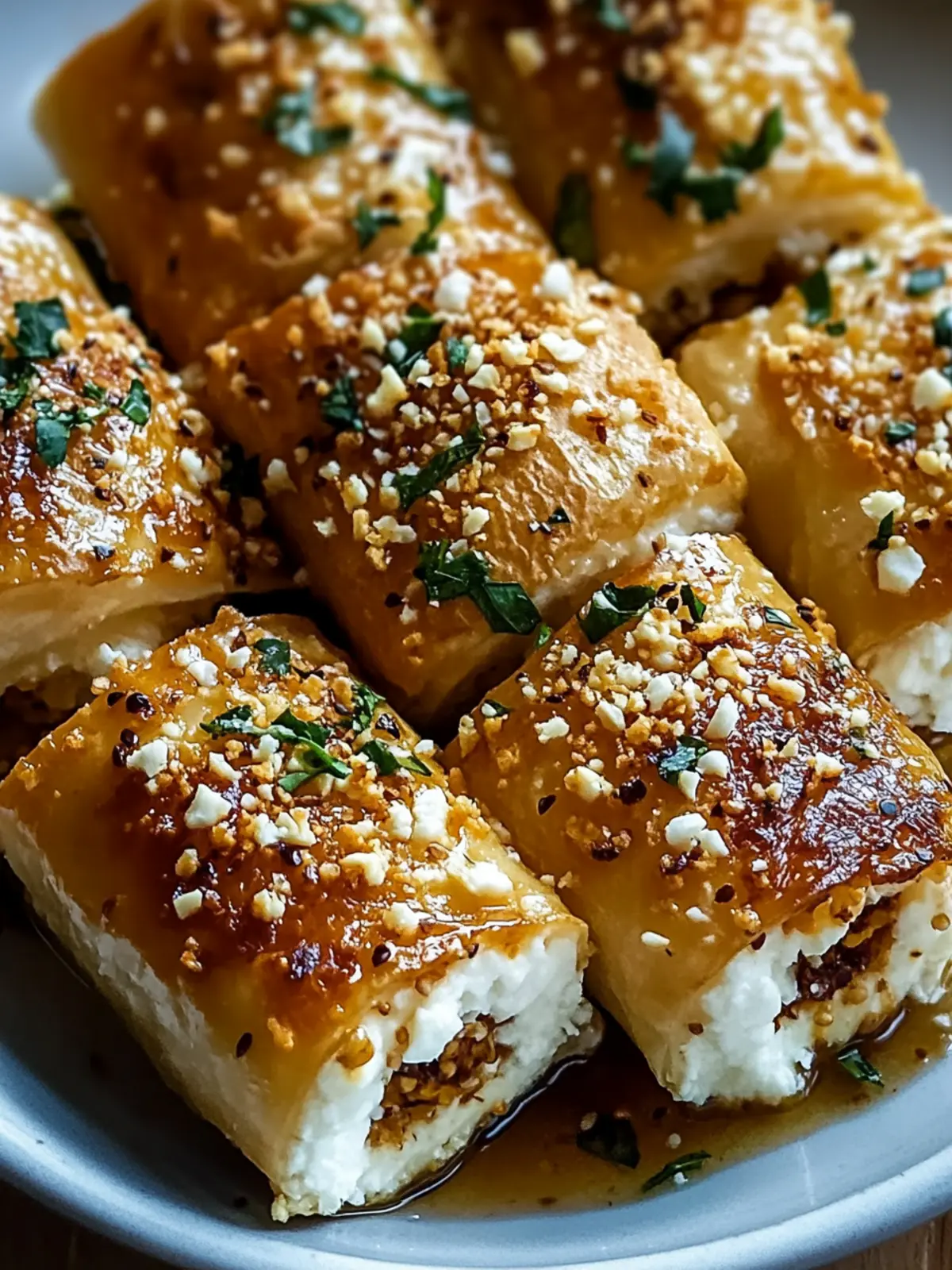 Oven Fried Feta Rolls with Chili Honey