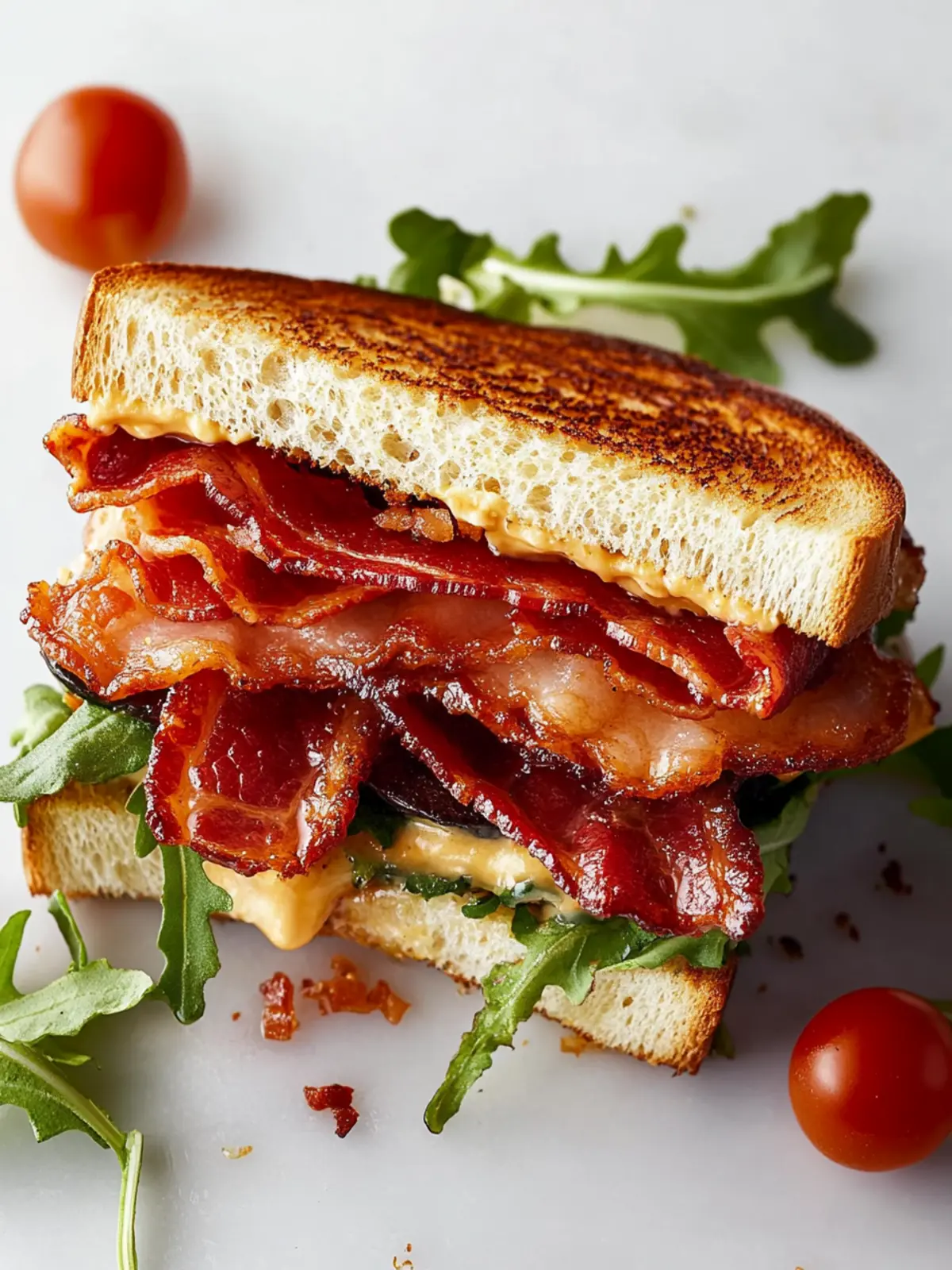 Customizable bacon sandwich with various toppings including avocado, egg, and crispy bacon onasted bread