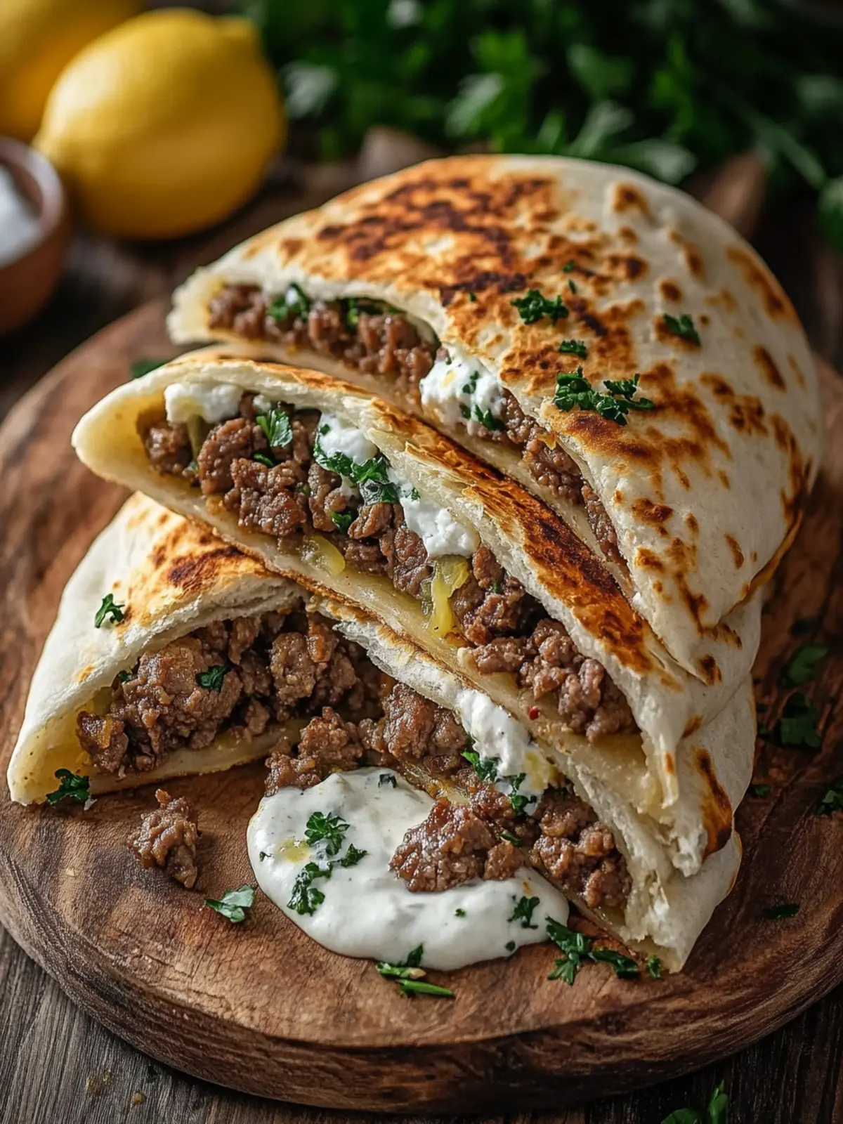 Greek Beef Stuffed Pita with Lemon Garlic