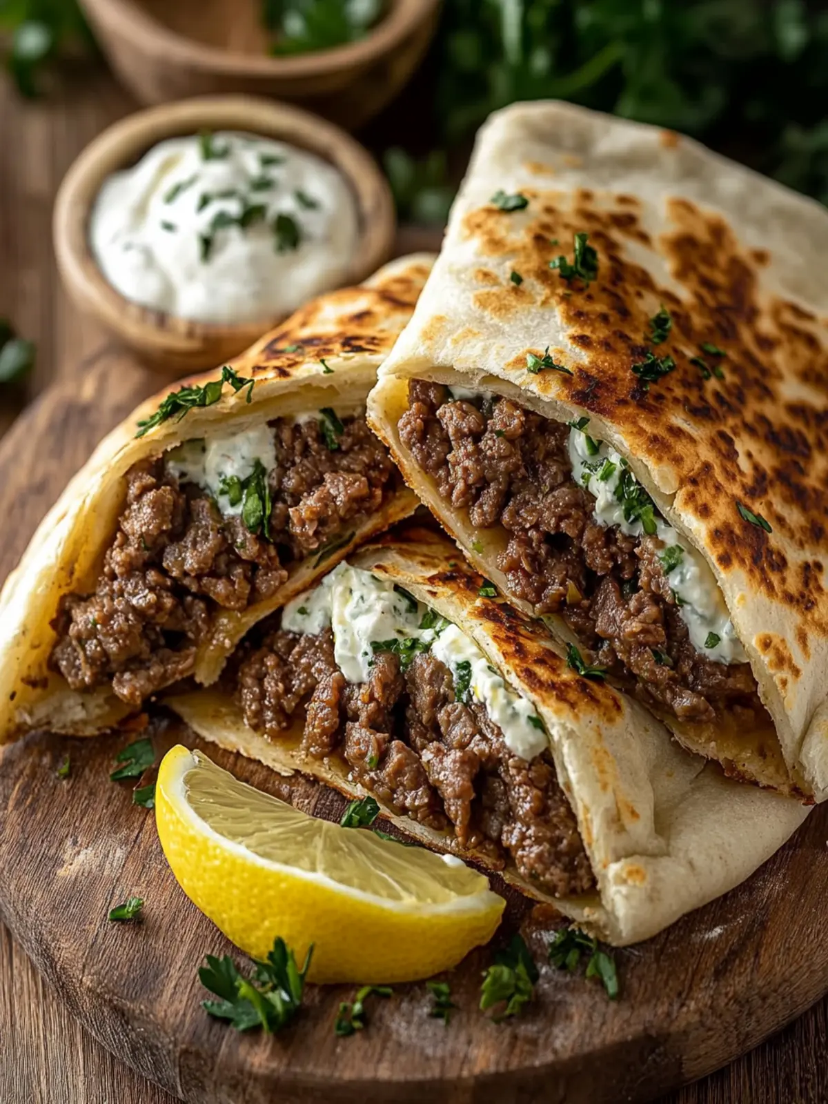 Greek Beef Stuffed Pita with Lemon Garlic