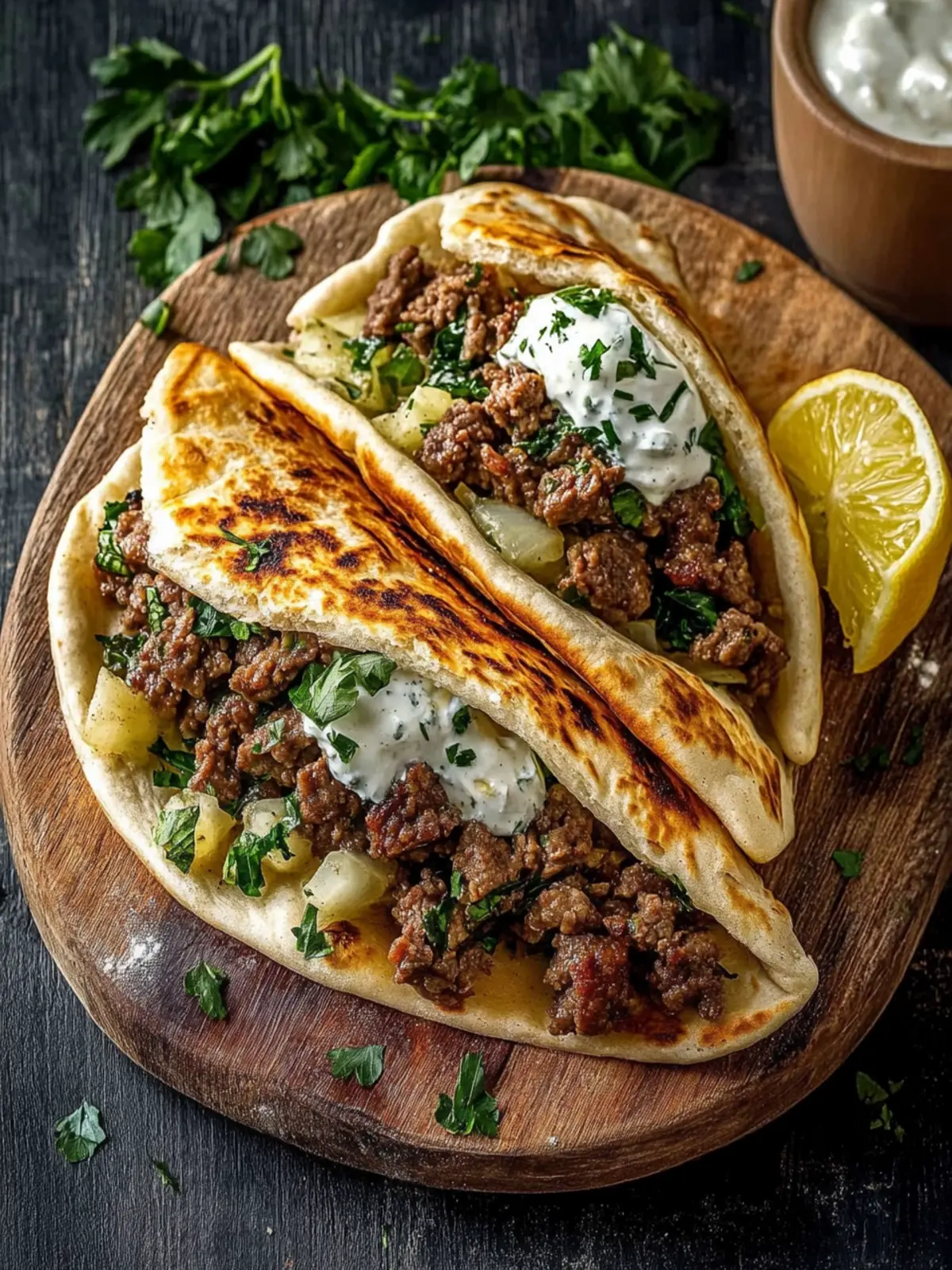 Greek Beef Stuffed Pita with Lemon Garlic