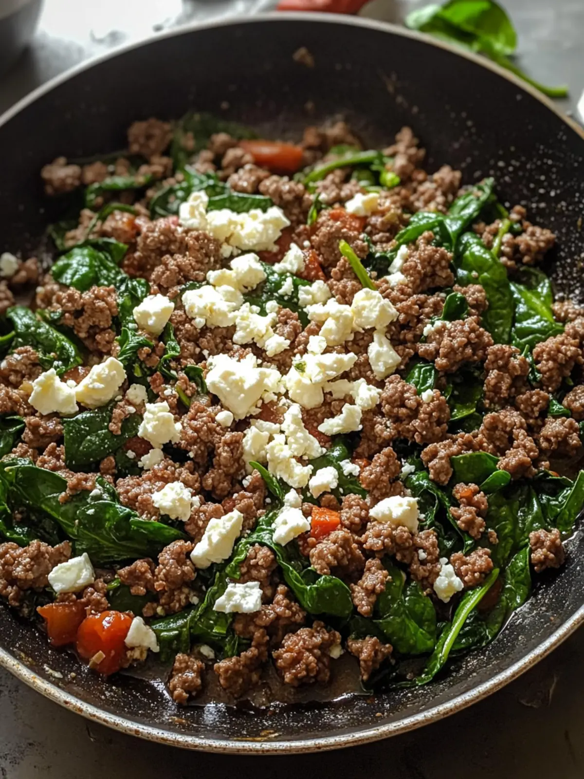 Ground Beef and Spinach Skillet with Feta