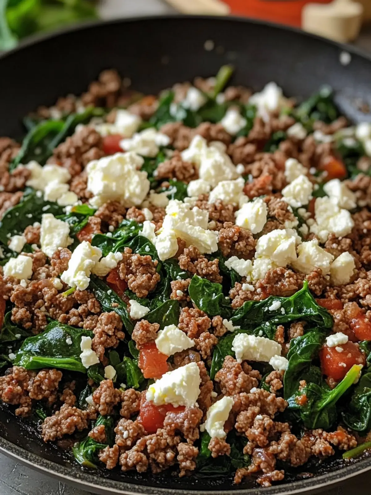 Ground Beef and Spinach Skillet with Feta