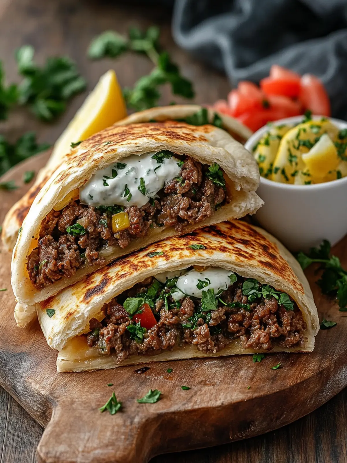 Greek Beef Stuffed Pita with Lemon Garlic