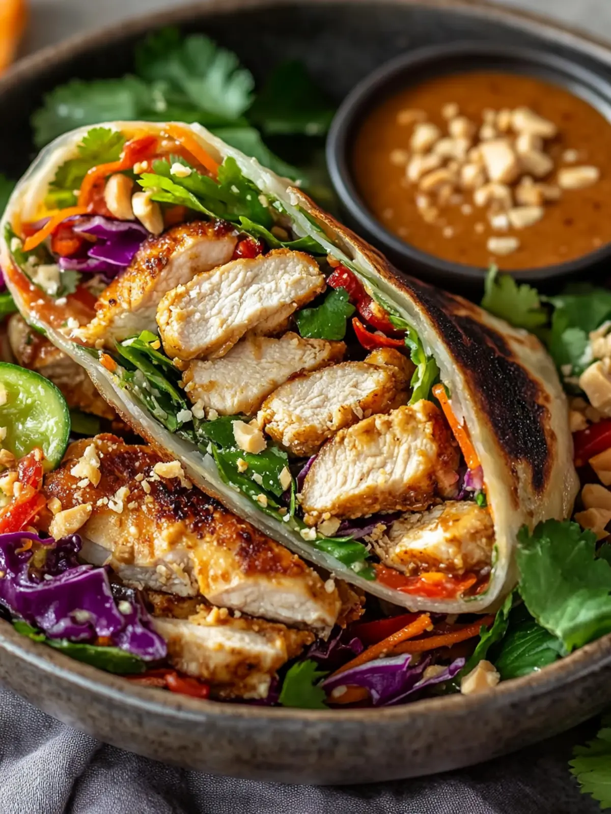 Crunchy Thai Chicken Wraps with Peanut Sauce