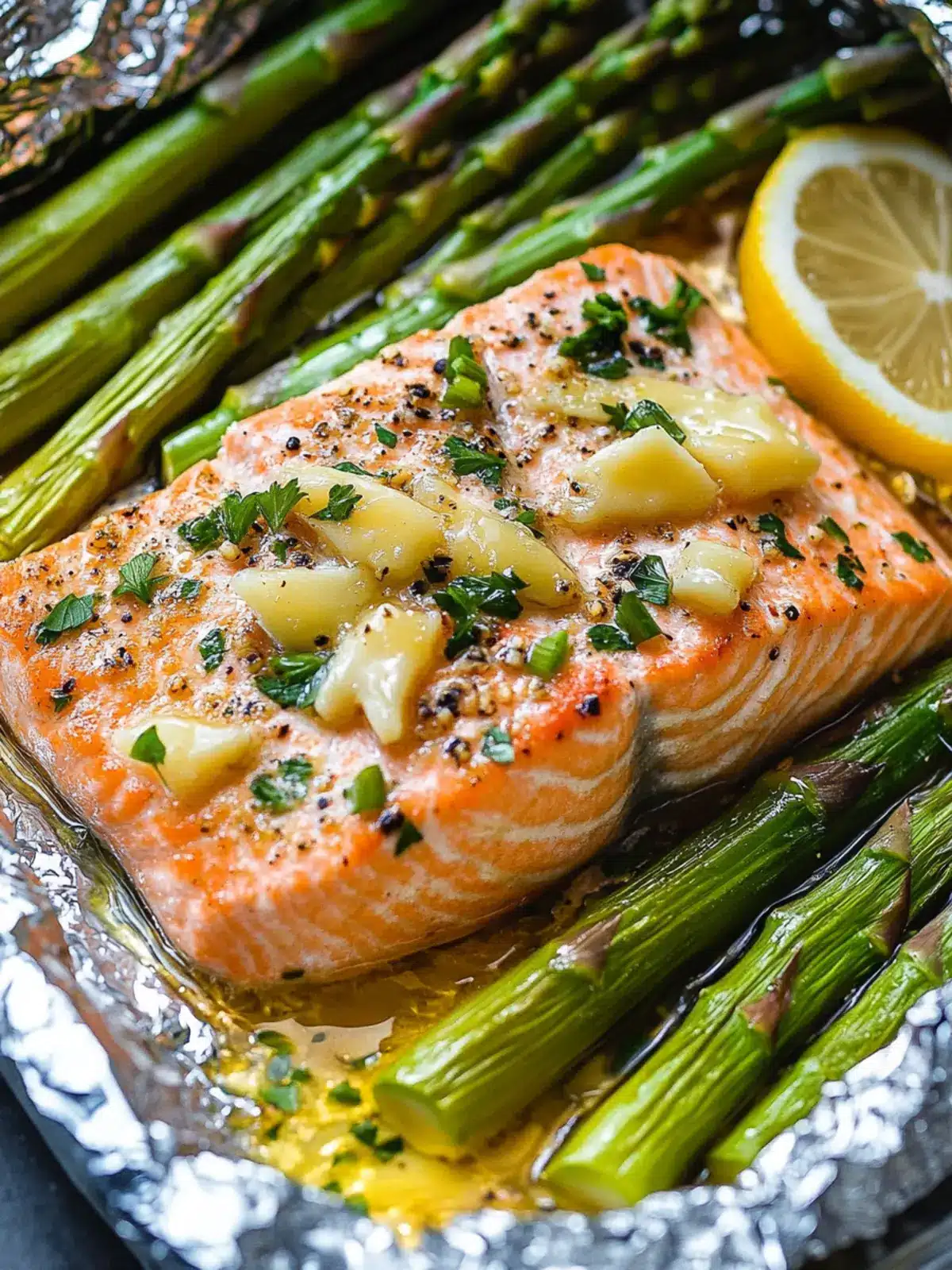 Baked Salmon in Foil with Asparagus and Lemon Garlic Butter Sauce
