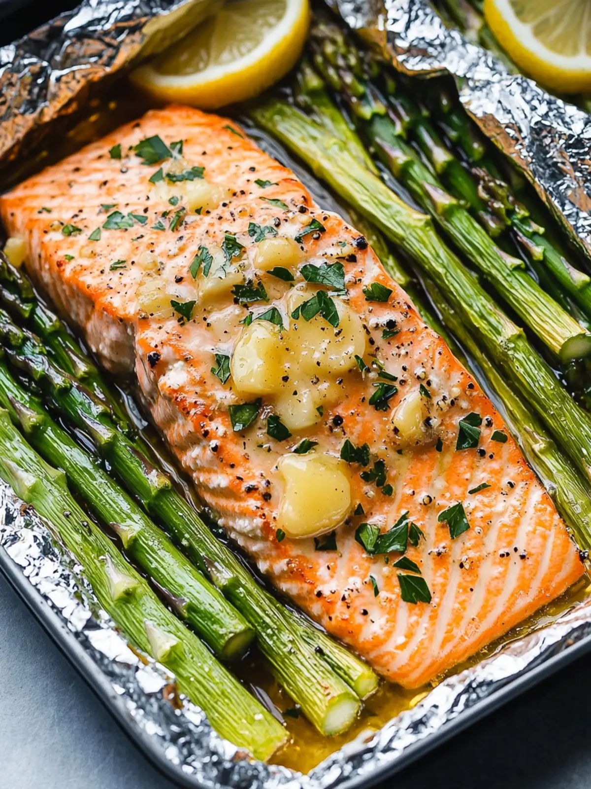 Baked Salmon in Foil with Asparagus and Lemon Garlic Butter Sauce