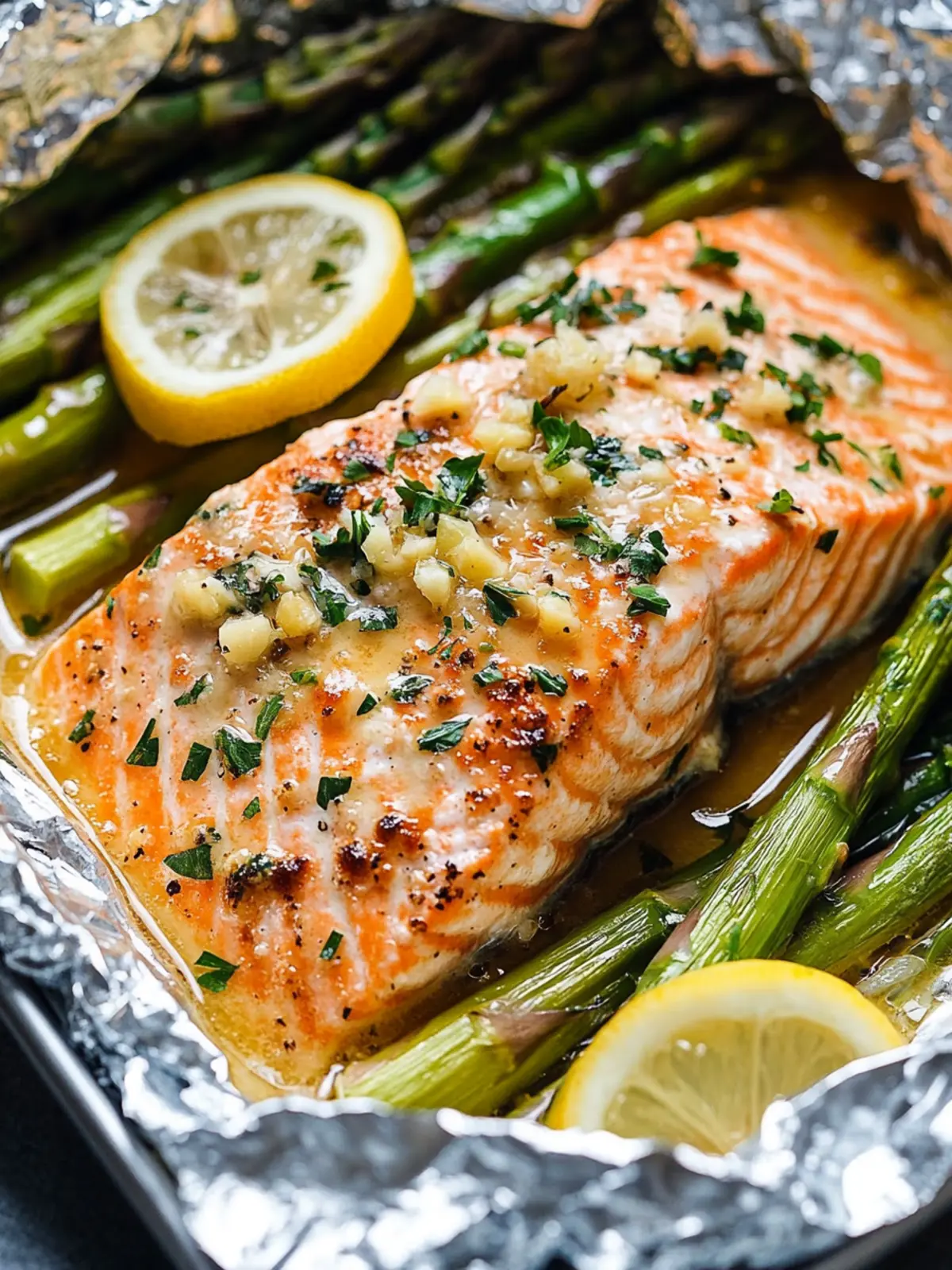 Baked Salmon in Foil with Asparagus and Lemon Garlic Butter Sauce