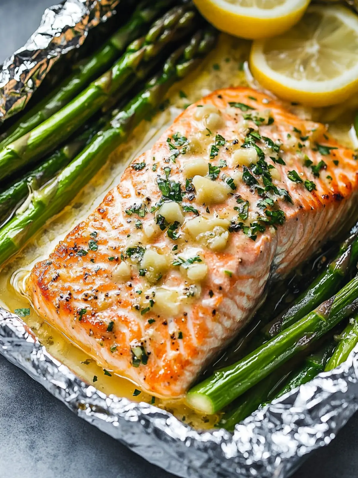Baked Salmon in Foil with Asparagus and Lemon Garlic Butter Sauce